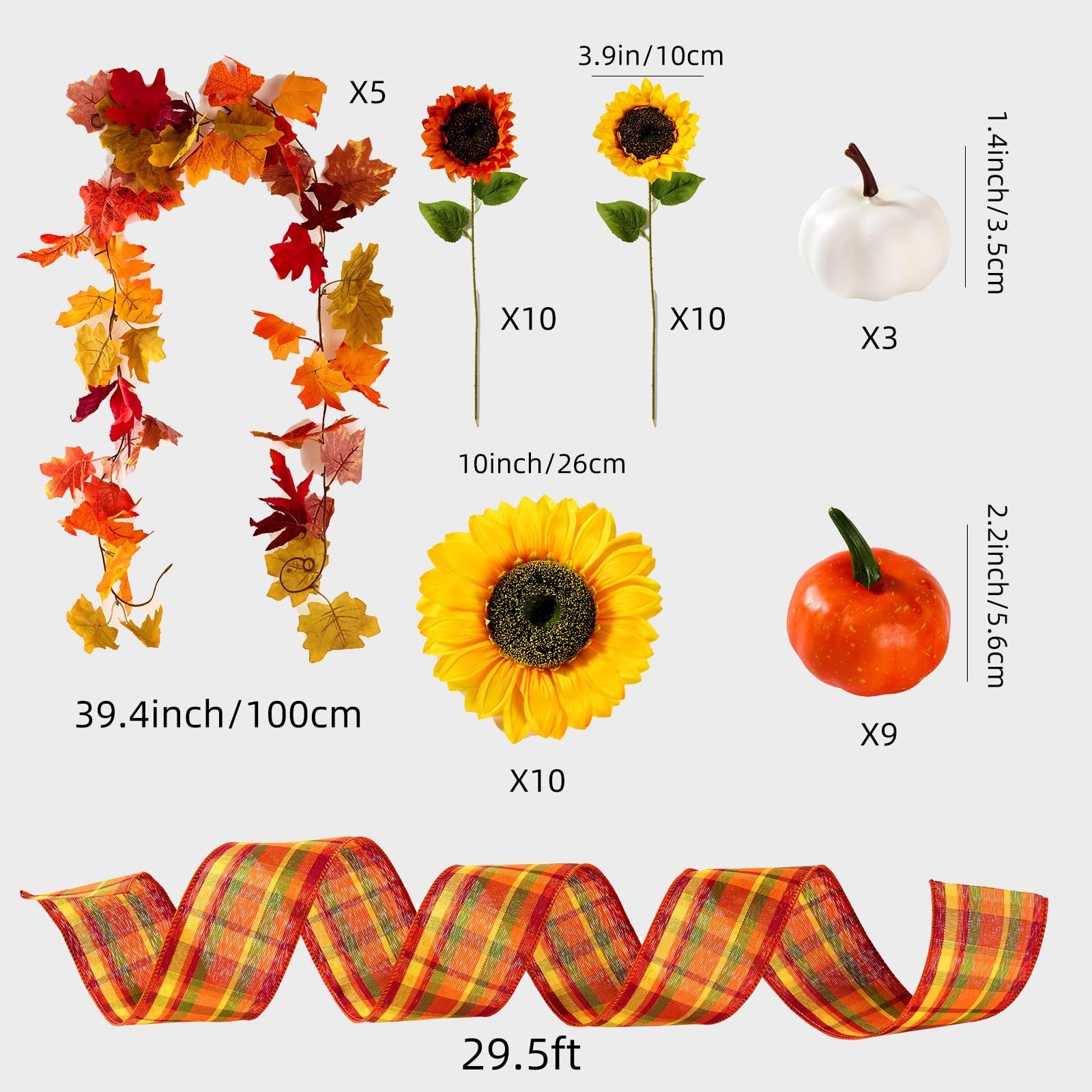 39 Pcs Fall Maple Leaf & Sunflower Decor Set, 2.5″ Leaves, 9.8 Yd Ribbon, Autumn