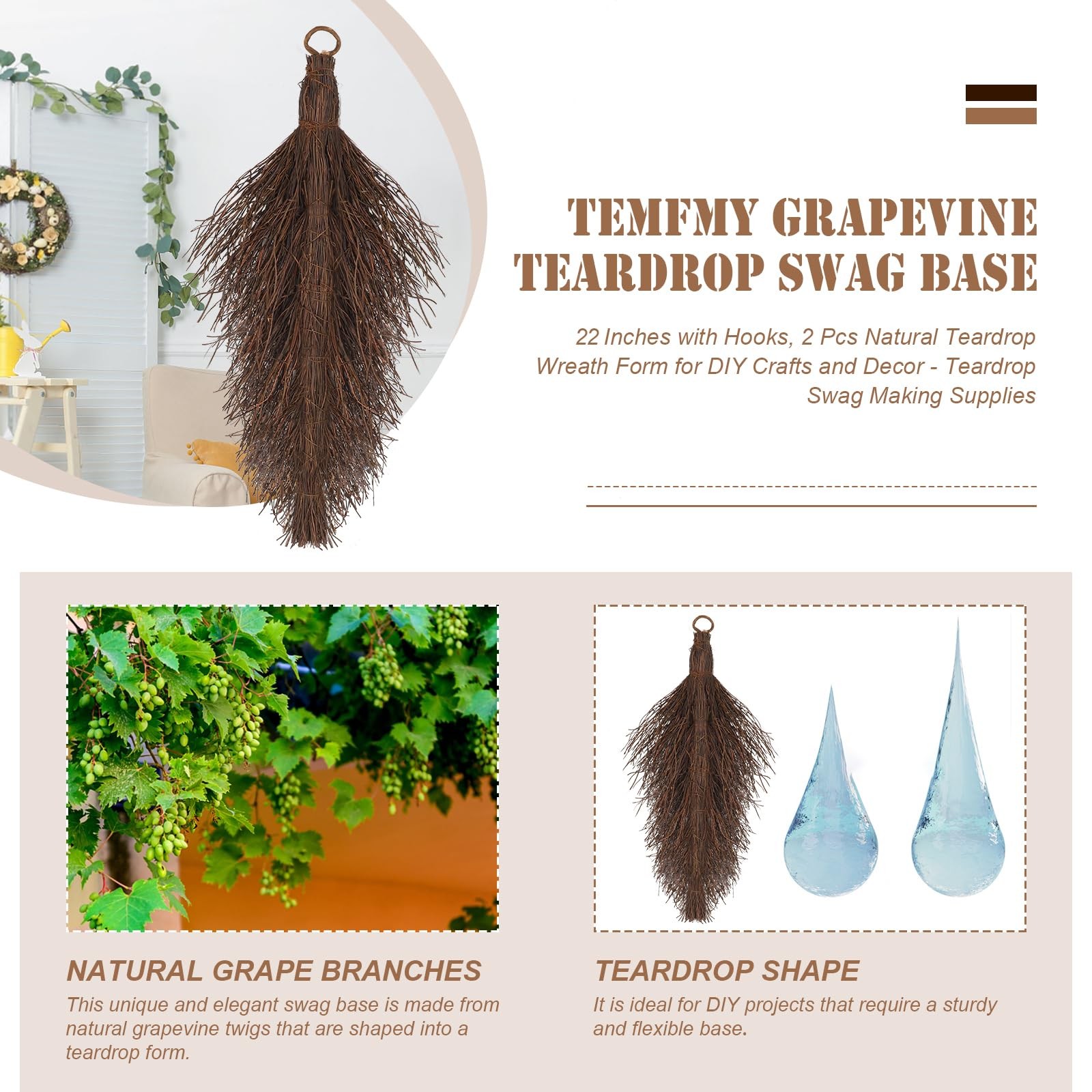 2 PCS Grapevine Teardrop Swag Base 22 Inch Natural Wreath Form DIY Craft Decor