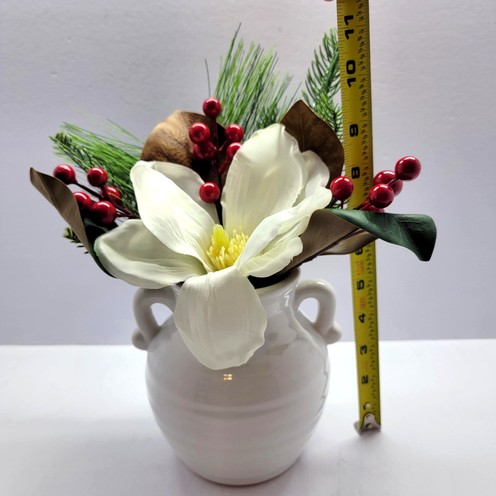Farmhouse Magnolia Pine Berry Faux Floral Arrangement White Ceramic Vase Decor
