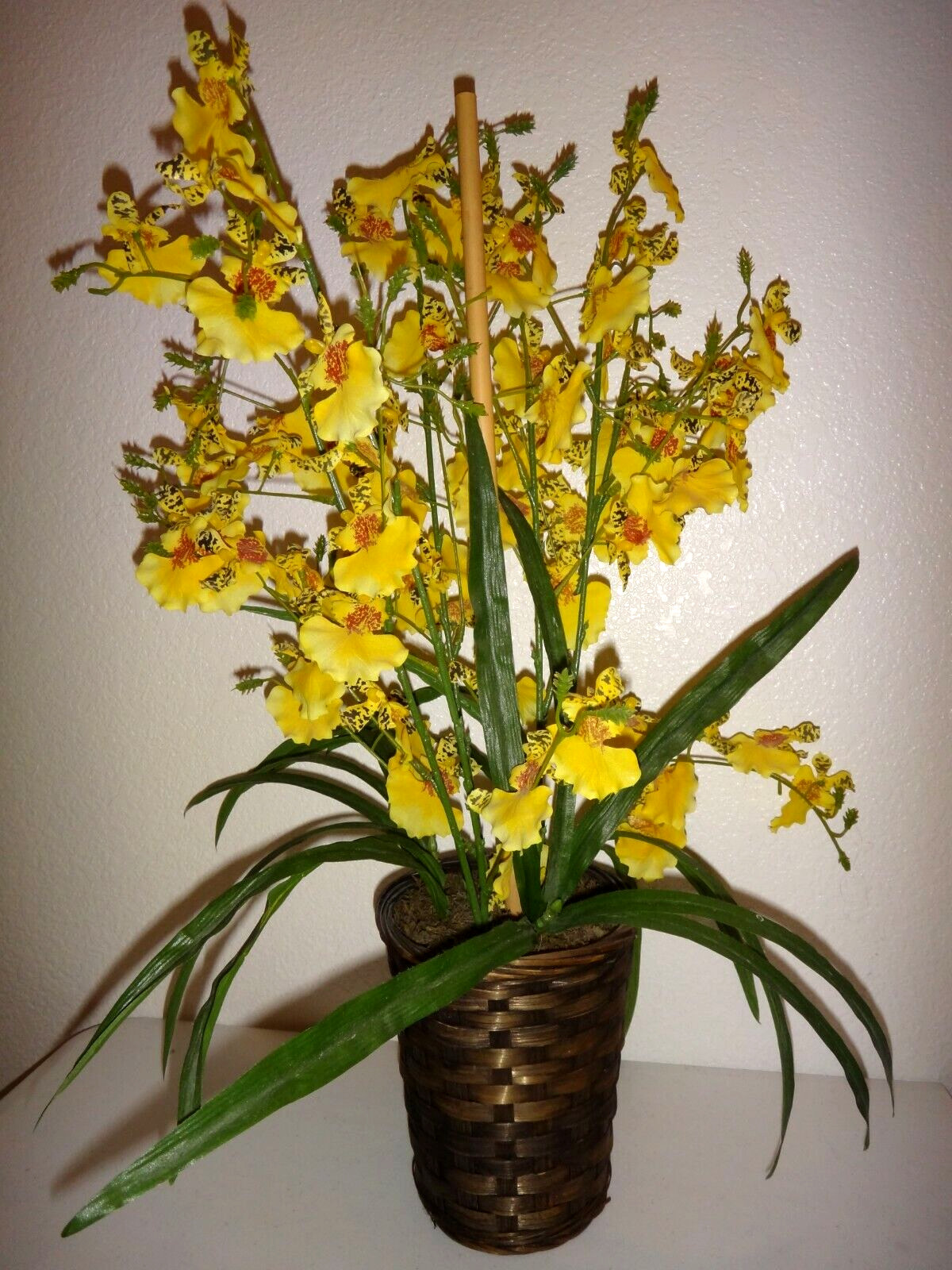 Decorative Artificial Yellow Flowers in Wood Basket Floral Décor Height 22″