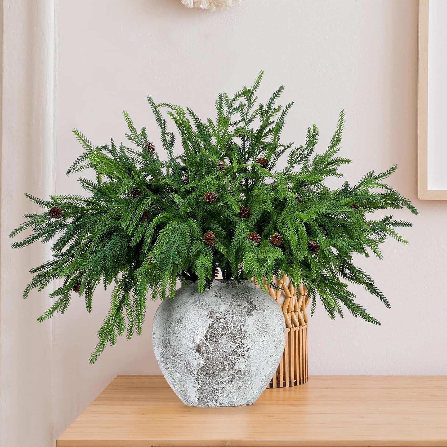 Set of 10 Realistic Norfolk Pine Branches with Cones for Elegant Holiday Styling