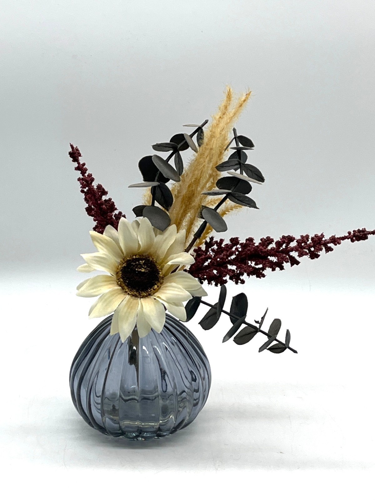 Modern Dried Floral Arrangement Charcoal Glass Vase W/ Sunflower Pampas Grass