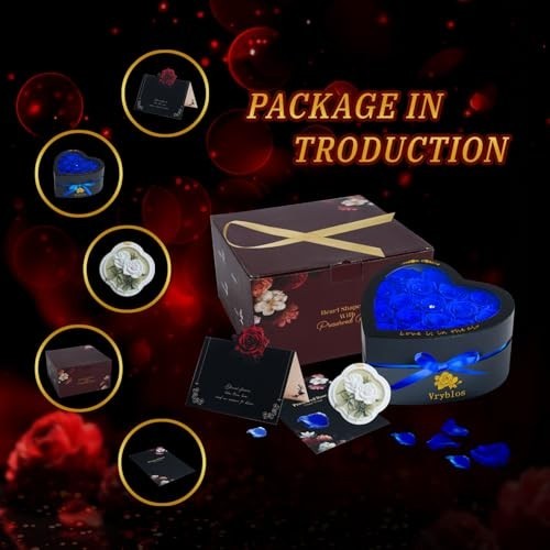 Heart-Shaped Blue Roses in Box – 16 Preserved Real Flowers for Eternal Gifts