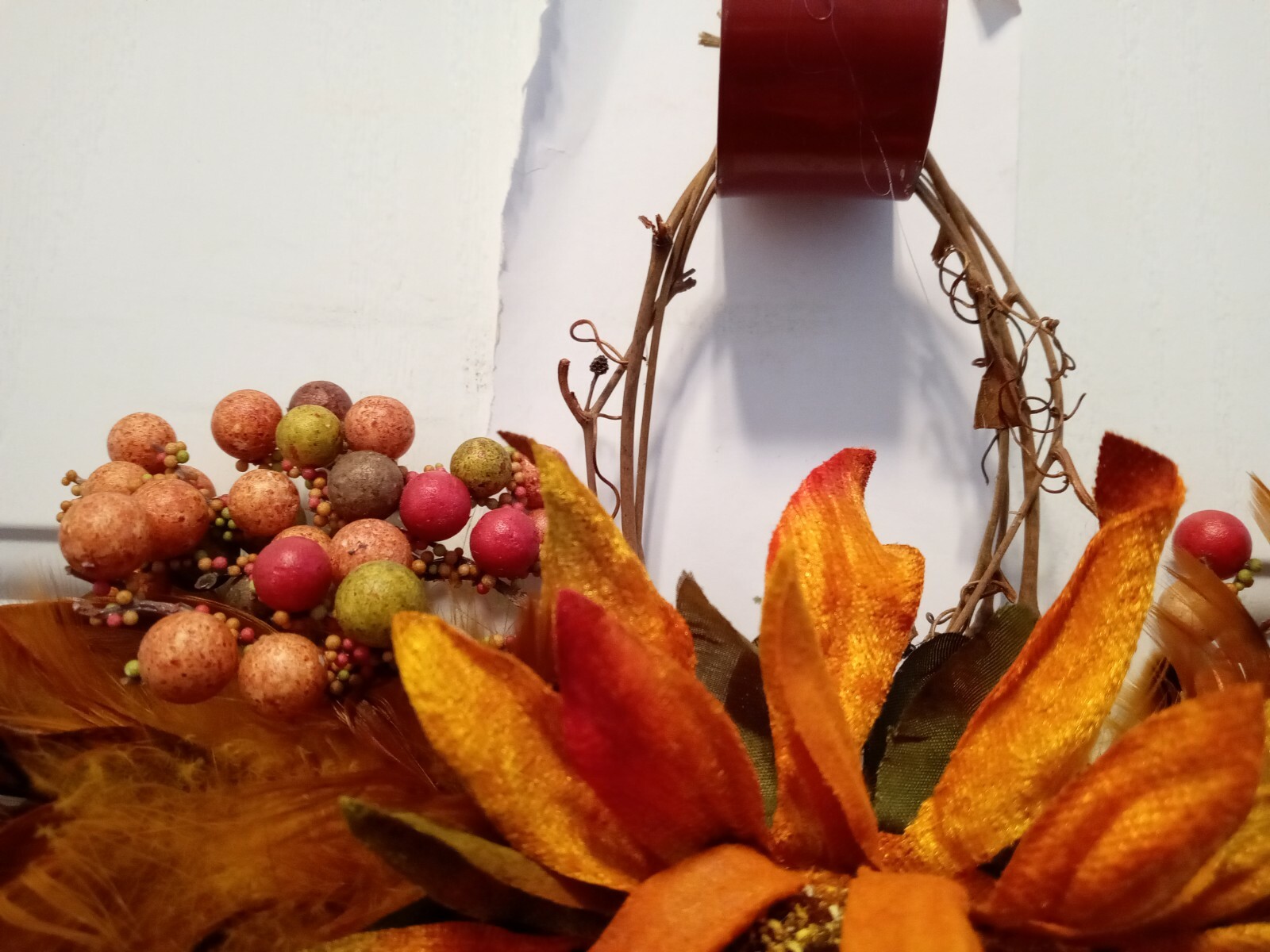 NWT Autumn Floral Wall Swag – Copper Feathers & Orange Sunflower – 27″W x 11″T
