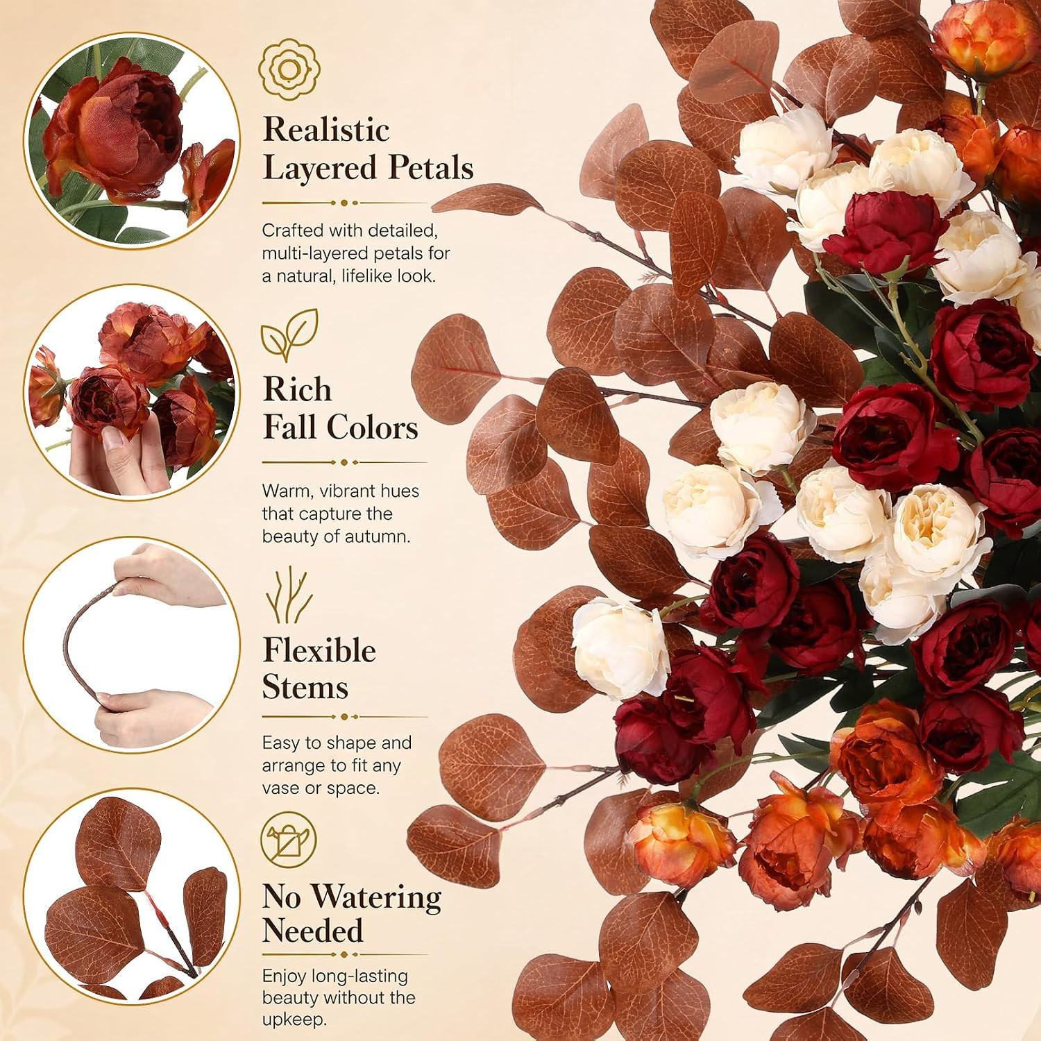 30” Burnt Orange Faux Peonies – 10 Pcs Fall Floral Arrangement for Decor