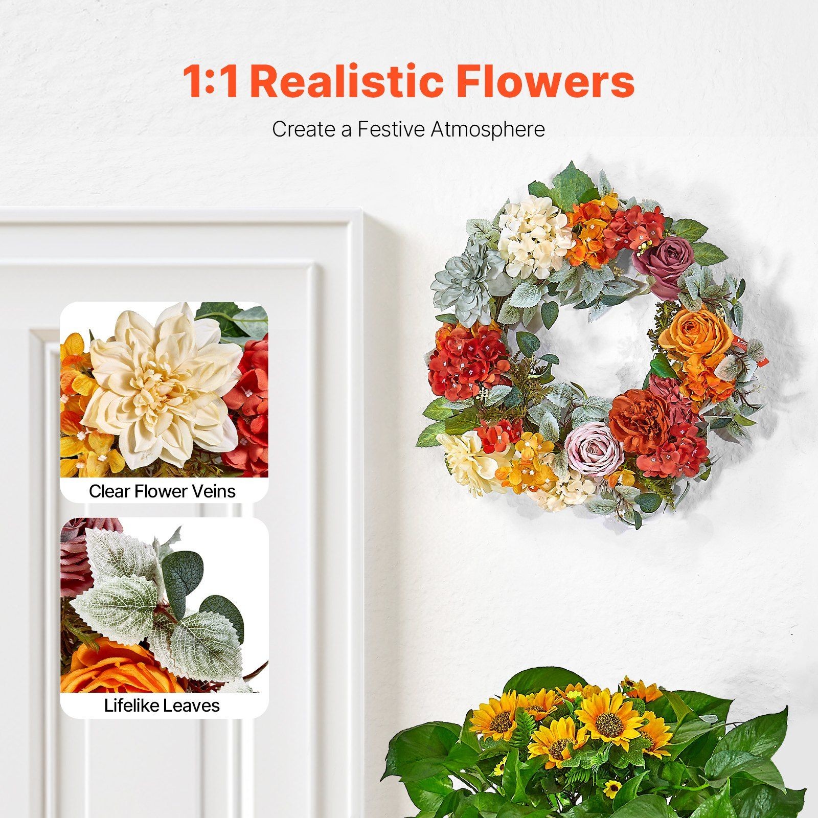 24in Crafted Wreath with Imitation Hydrangeas Roses in Warm Rainbow Tones