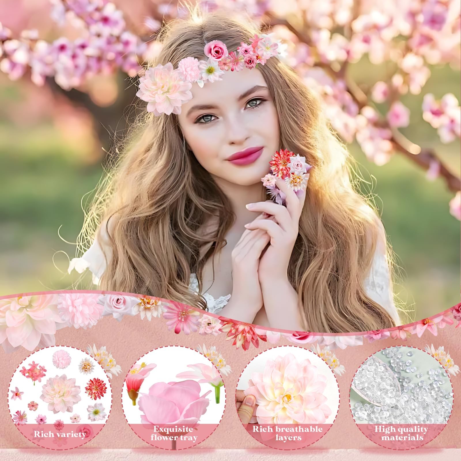 26 PCS Artificial Silk Floral Fake Flower Heads Pink Roses Peonies Daisy Decor