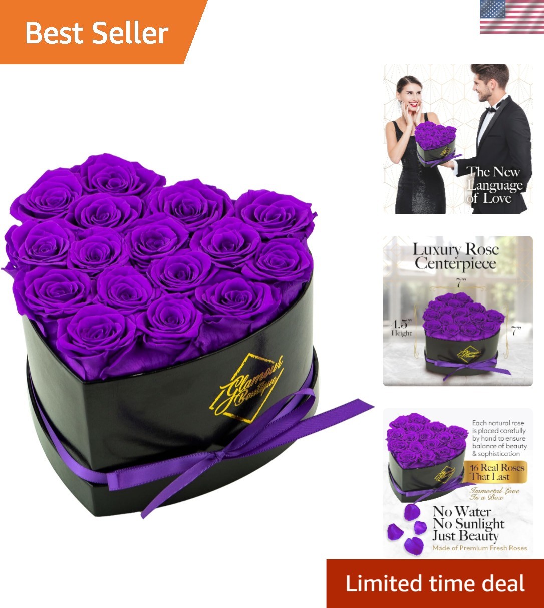 Romantic 16 Flower Heart Box with Eternal Purple Roses – Hassle-Free Décor