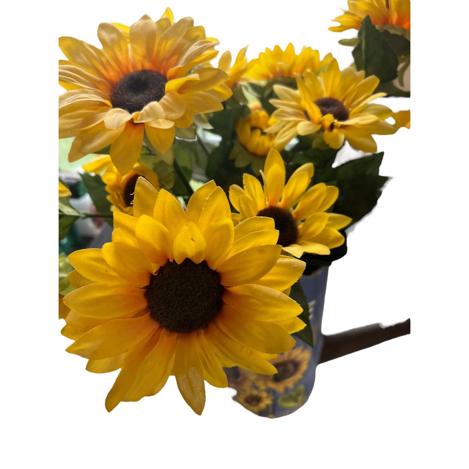 Sunflower Faux Flower Arrangement Metal Watering Can 19″ tall