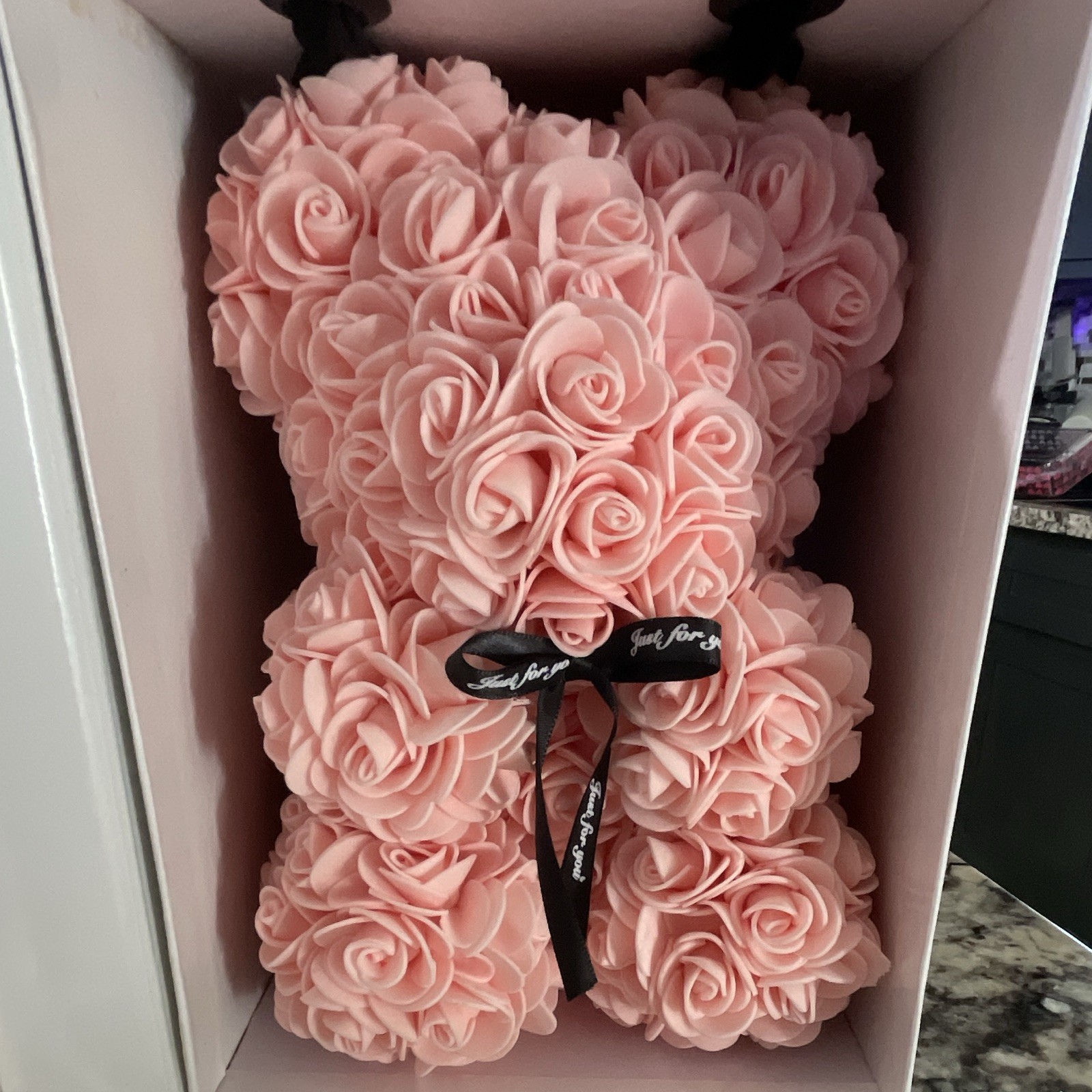 Always and Forever Pink Rose Flower Bear w/ Black Bow Gift Box Artificial Decor