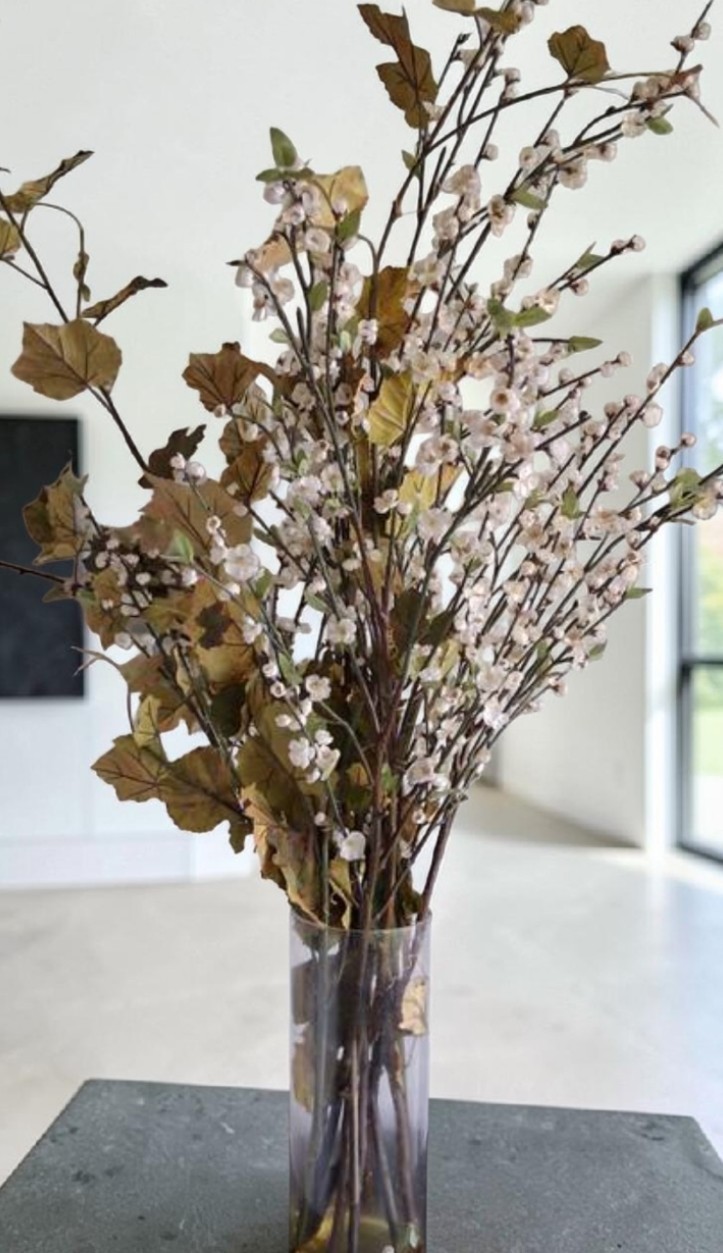 58″ Large Faux Quince Blossom Cream / White Stem Flowering Branch Centerpiece