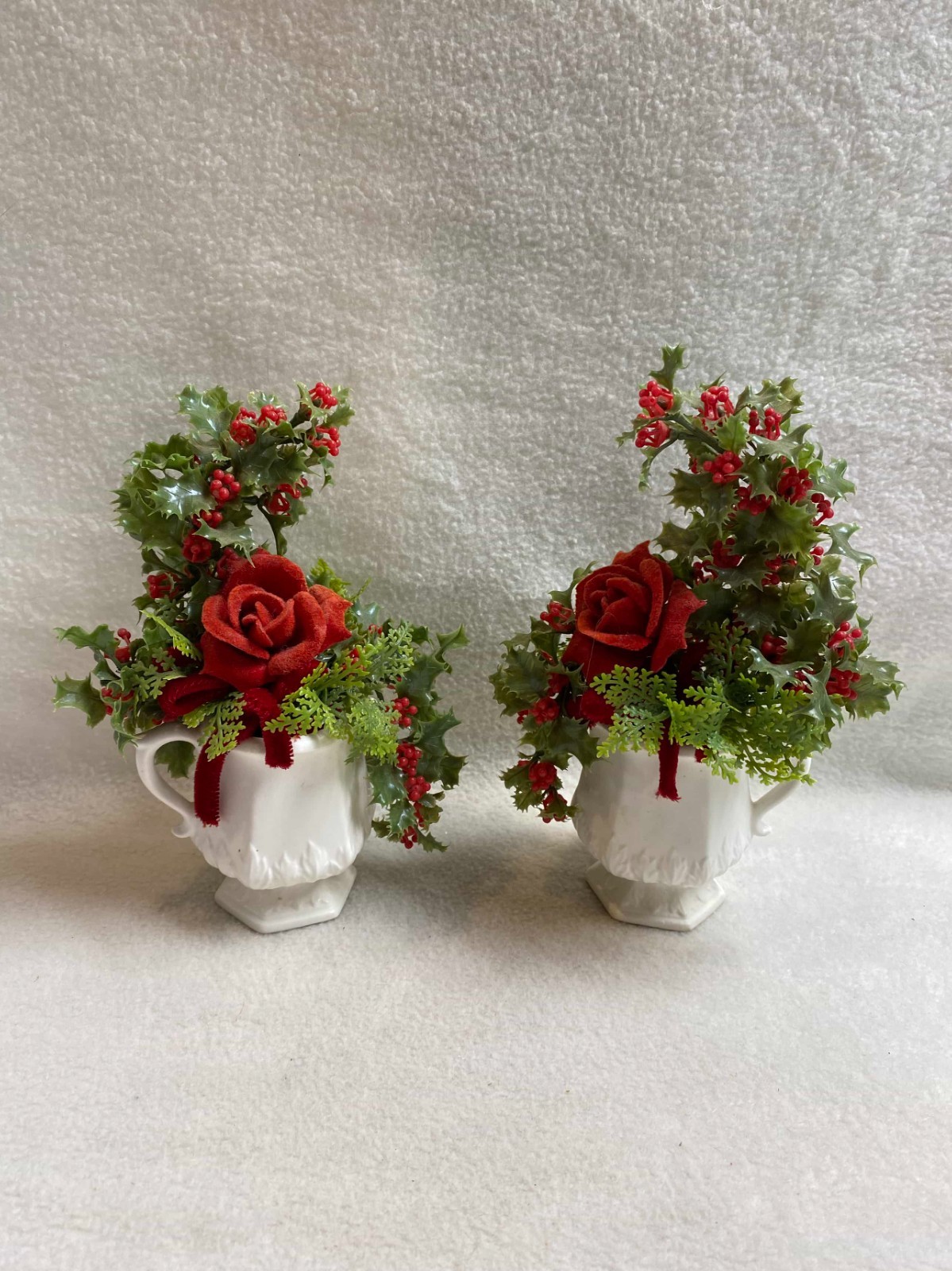 Vtg 3 Inarco Plastic Foliage (Holly/Roses) Displays in White Pitchers/Containers