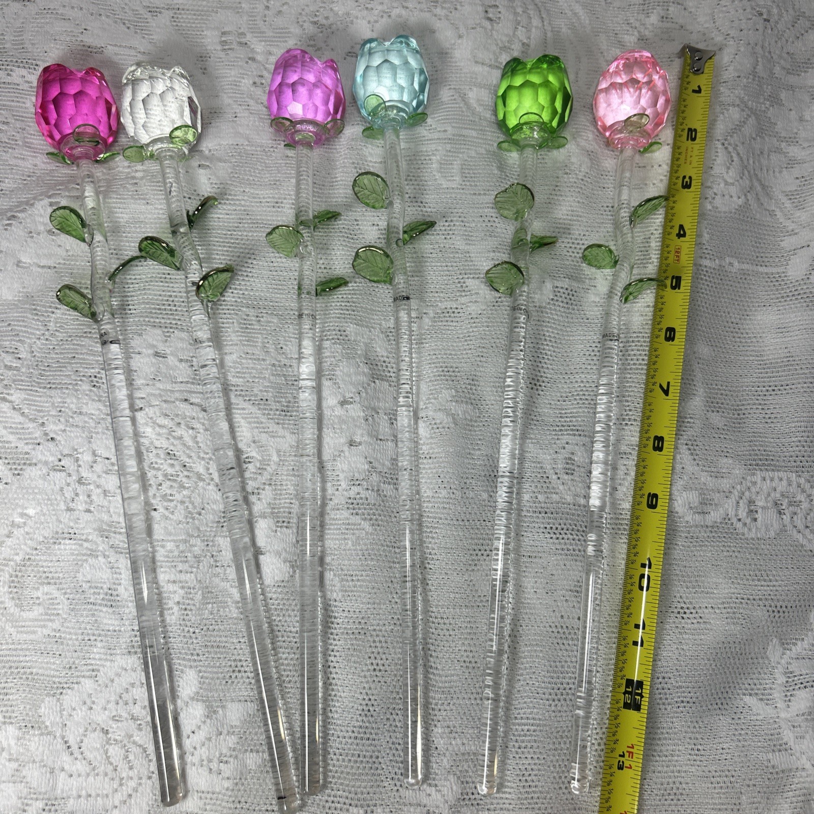 Lot 6 Crystal Glass Red Rose Clear Green Stem 13”(Mason Jar Not Included)