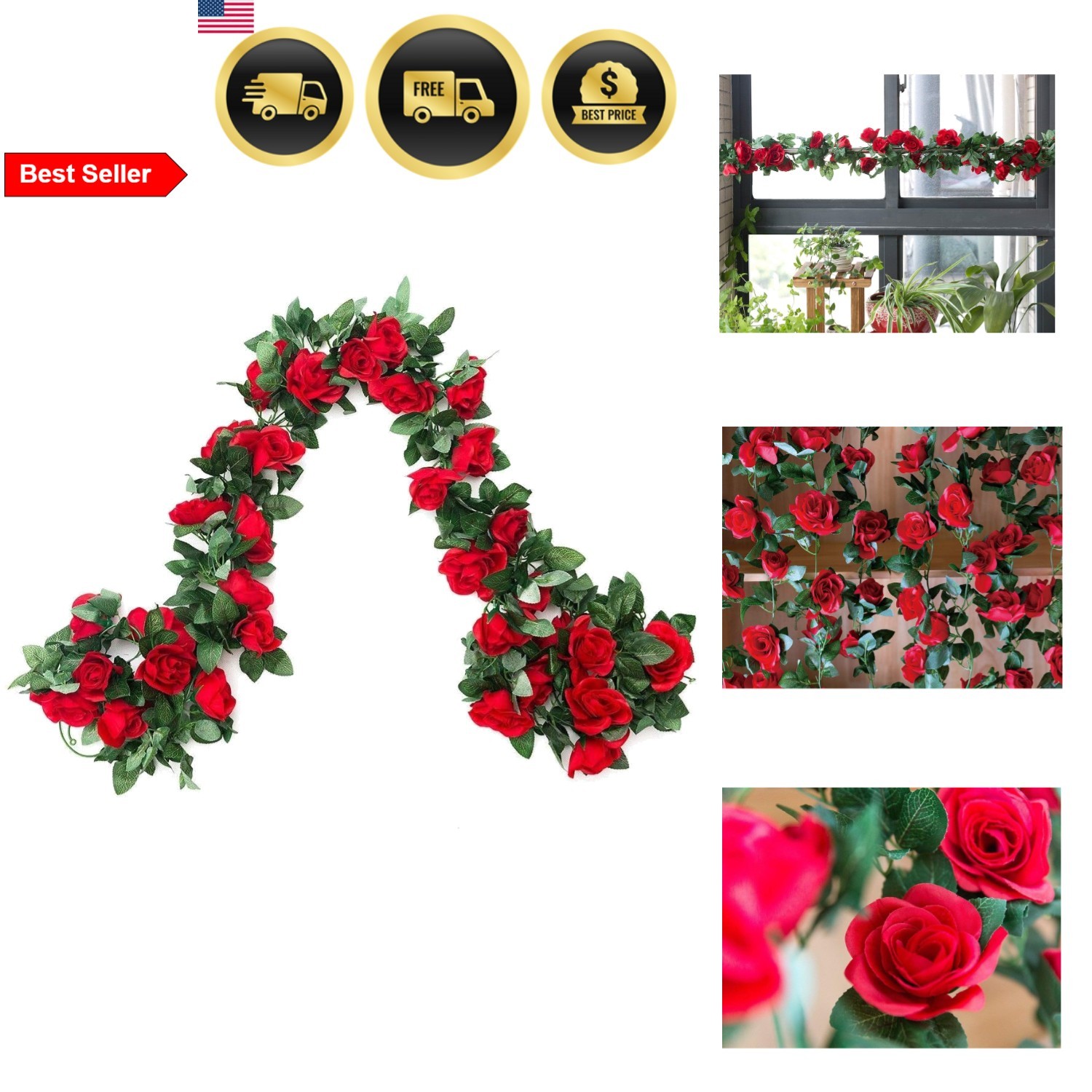 Artificial Rose Vine Flowers Garland Red 16FT 2 Pack Indoor Outdoor Decor