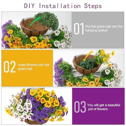 2 Sets UV Resistant Faux Silk Hanging Pansy Flowers with Baskets – 24 Pcs Outdoo