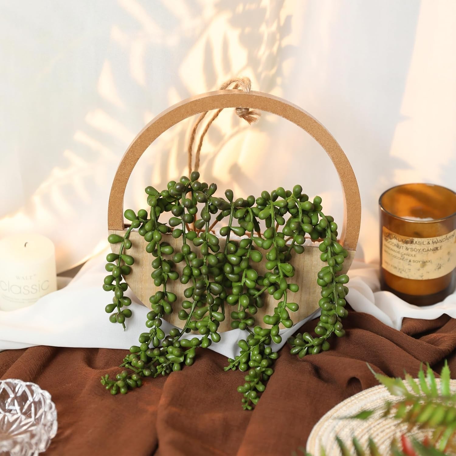 Low-Maintenance Fake Plants – 12.2” Hanging String of Pearls in Wooden Planters