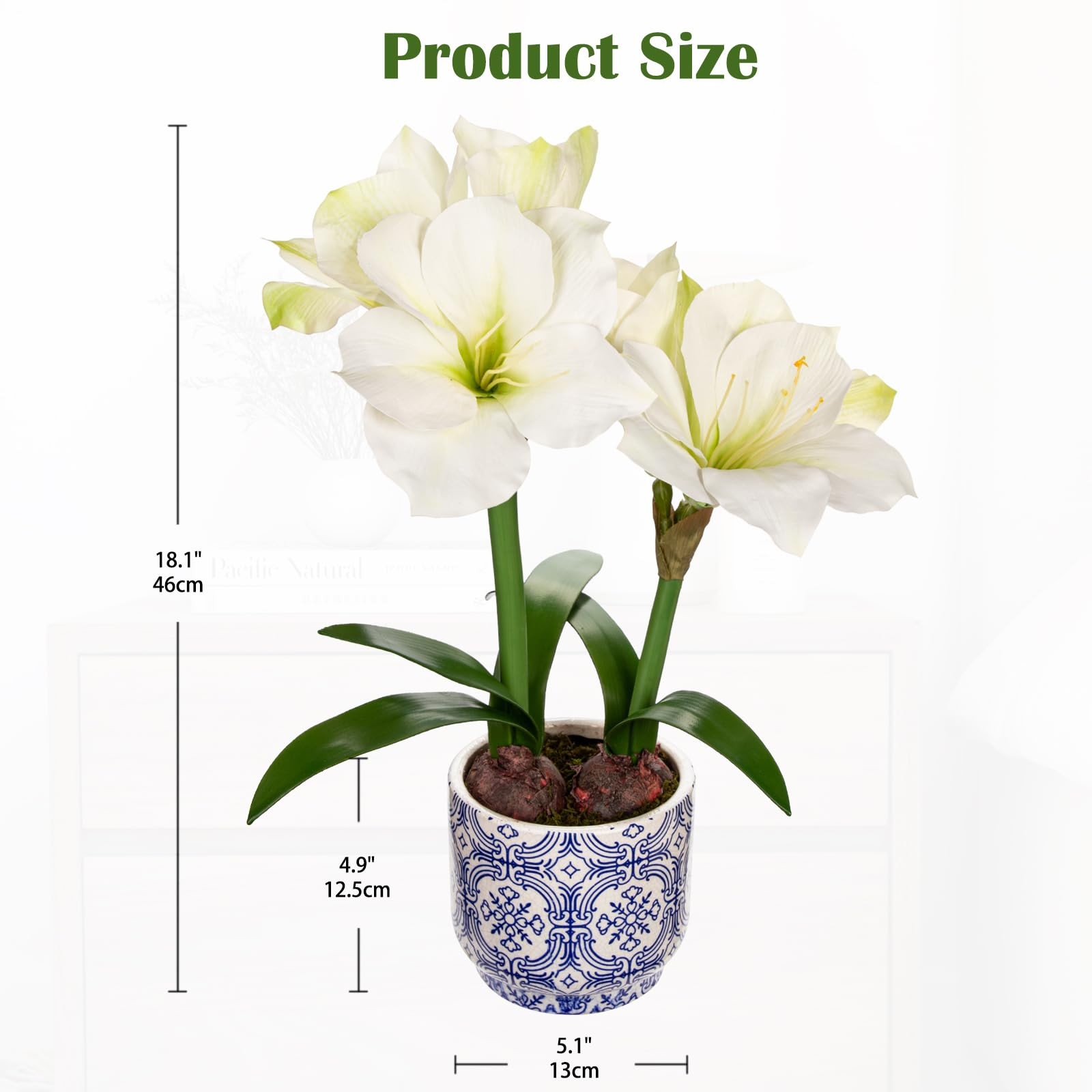 Amaryllis Artificial Flowers in Blue Ceramic Pot 18.1″ Faux White Amaryllis F…