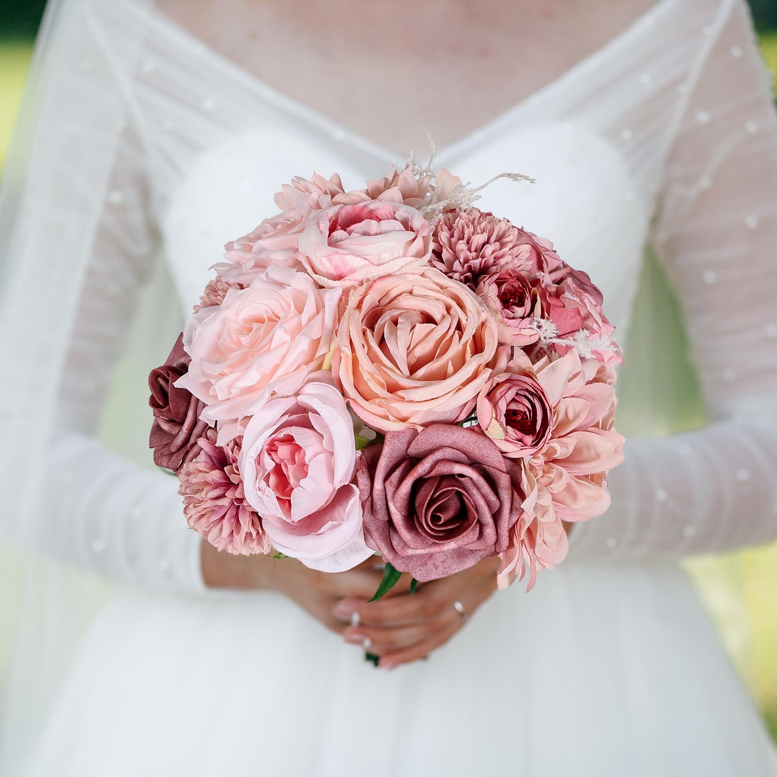 Artificial Flowers Dusty Pink Silk Roses, Fake Flowers for DIY Wedding Bouque…