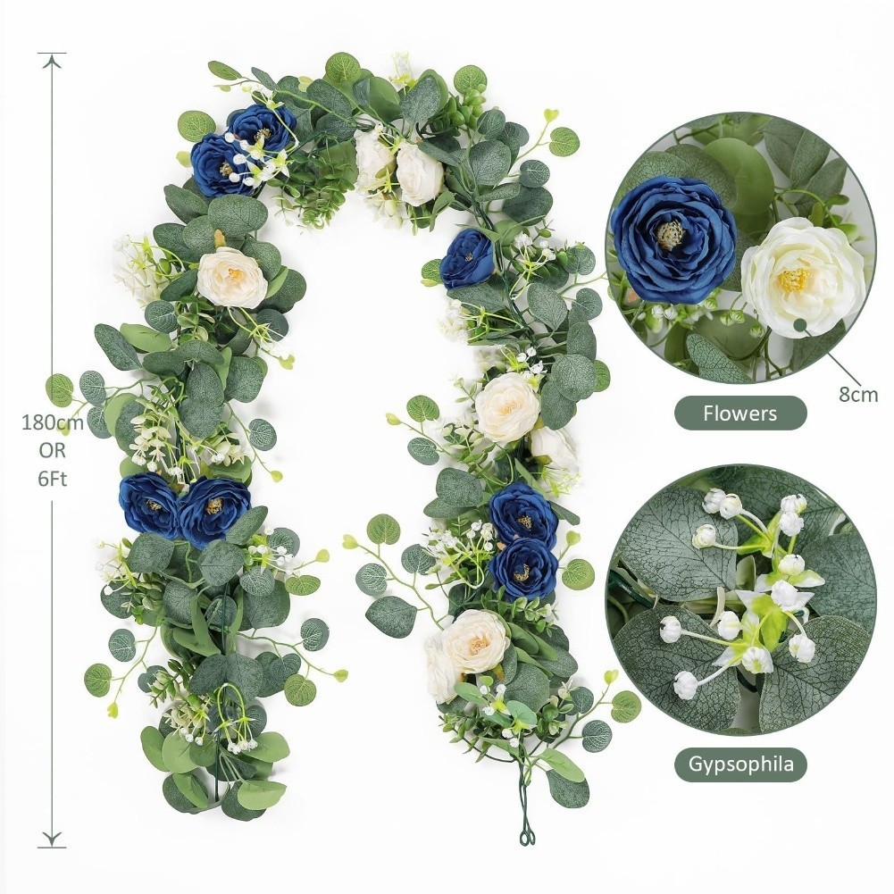 6FT Artificial Eucalyptus Flower Garland with Blue and White Roses for Parties