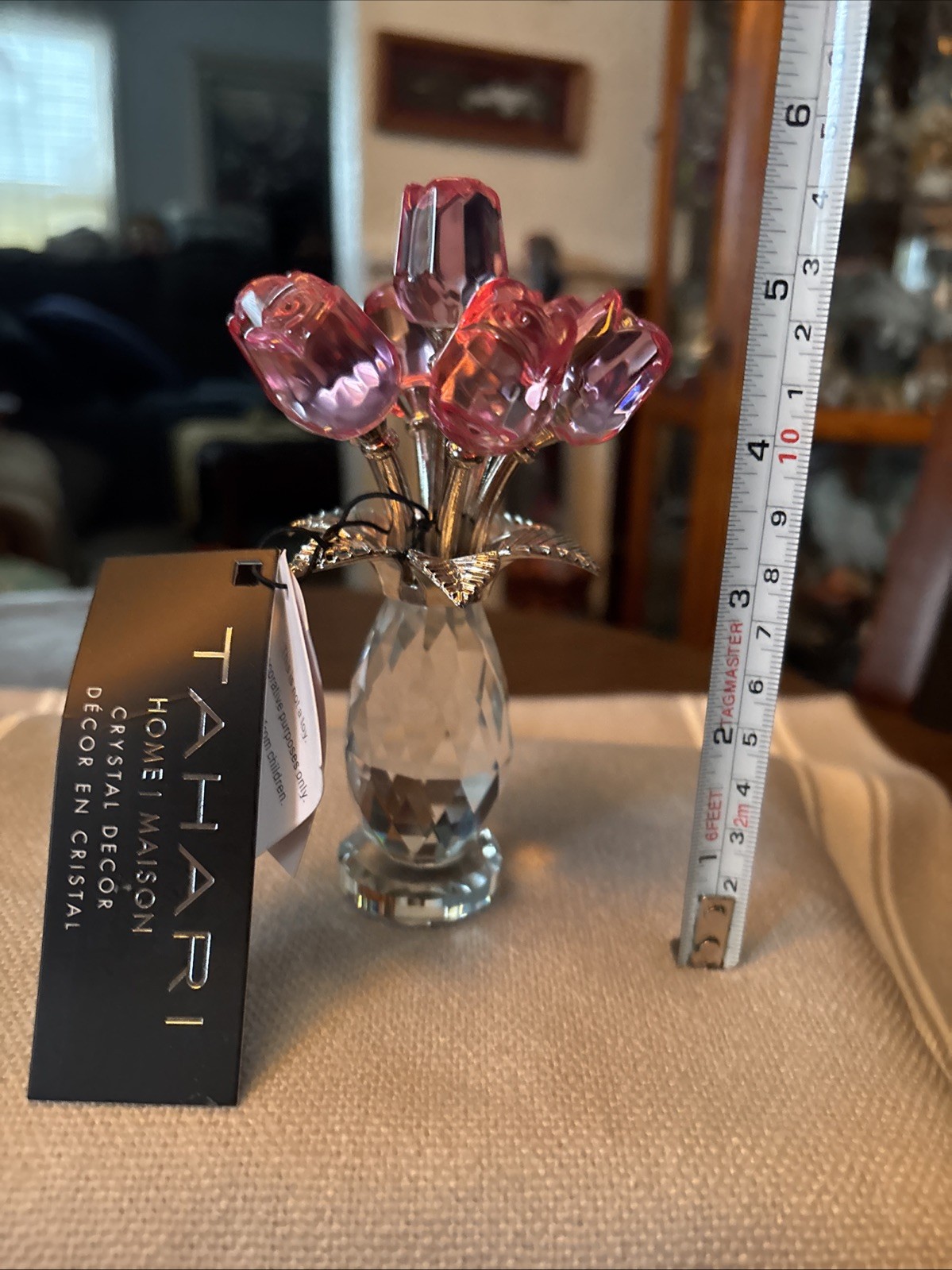 Keepsake Pink 7 Roses Glass Bouquet/Crystal Vase Slv Plated Stems New! See Pics