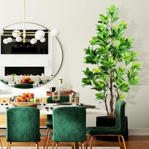 7.2ft Artificial Rubber Tree (85in) with Plastic Nursery Pot Fake Tree, Faux