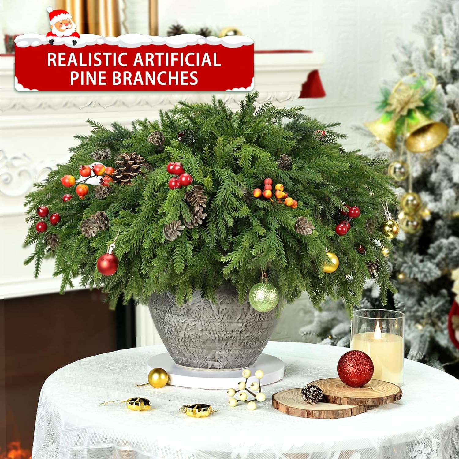 24 Pcs Realistic Pine Branches with Pinecones for Christmas Decor
