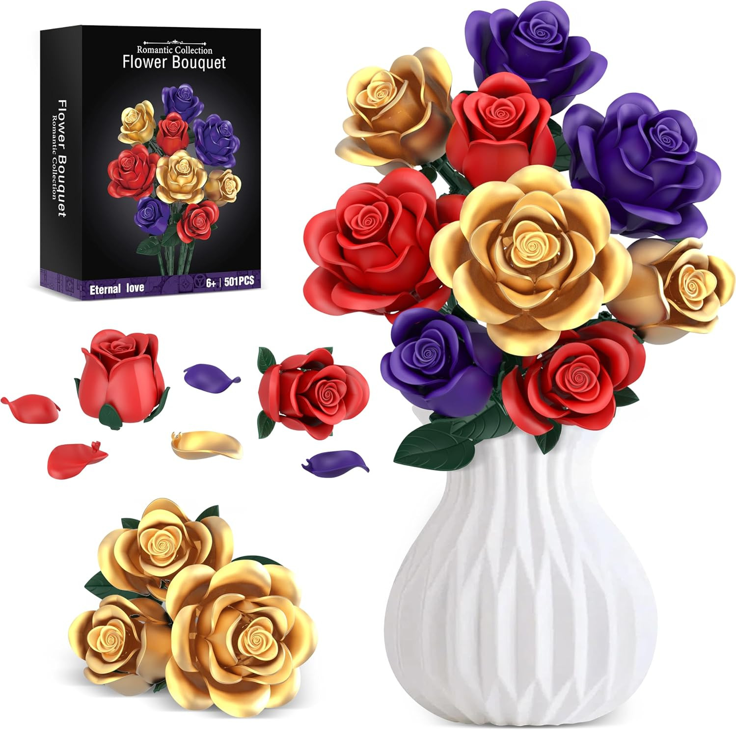 Rose Bouquet Flowers Building Set, 501Pcs Red Purple Golden Roses Artificial