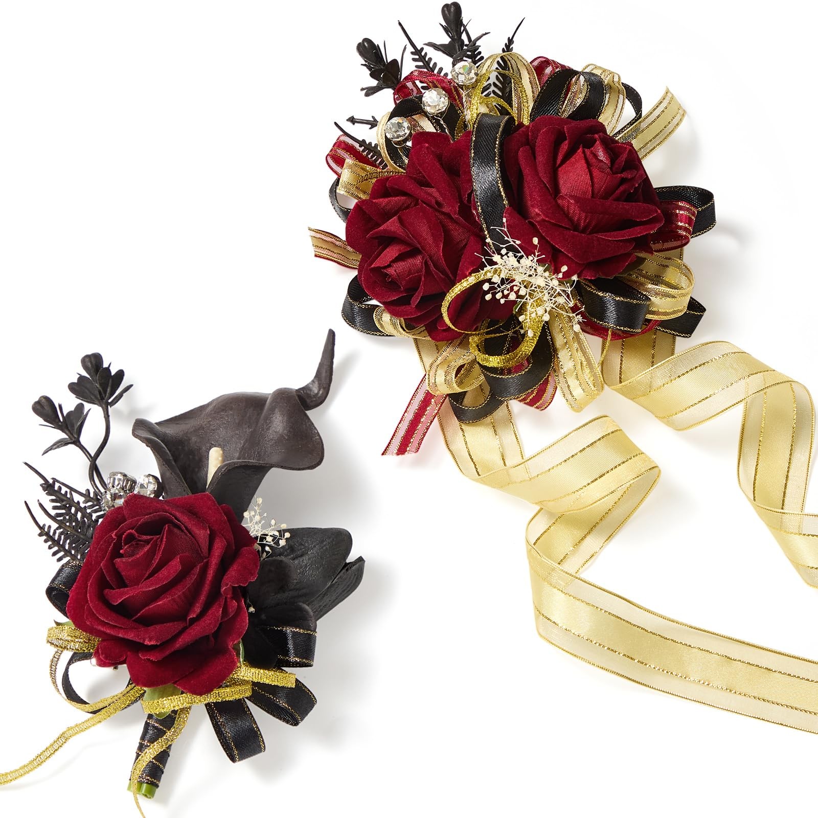 Burgundy Prom Corsage and Boutonniere Set, Artificial Calla Lily Red Rose Wri…