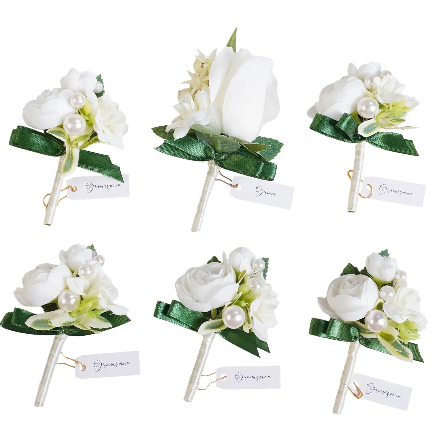 6 PCS White Ranunculus Pearl Boutonniere Wedding Corsage Gold Pins Prom
