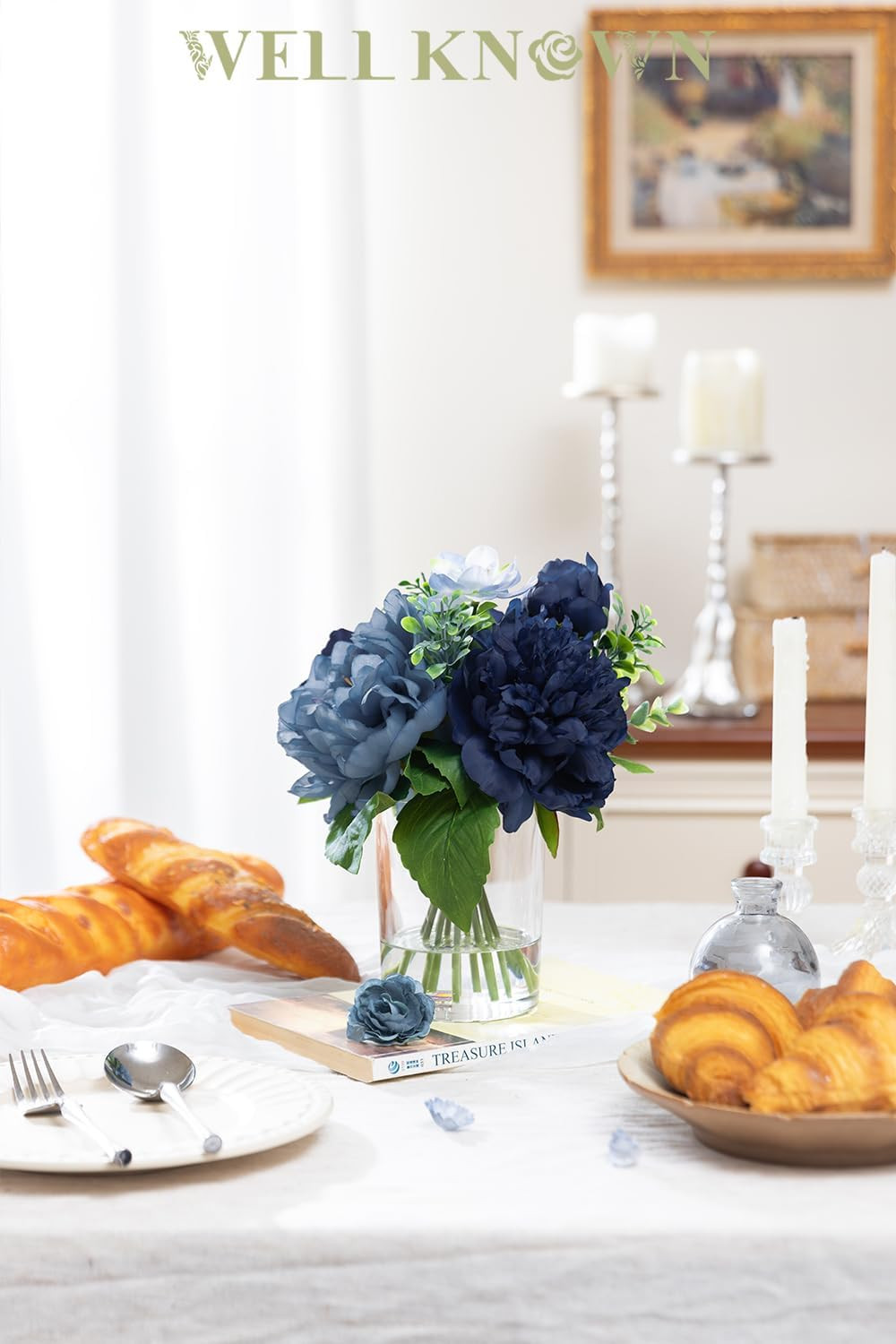 Silk Peony Flower Bouquet in Glass Vase with Fake Water – Navy & Light Blue