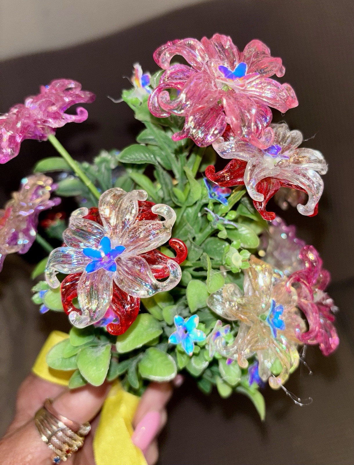 Small Handmade Bouquet Acrylic Iridescent 11” Wrapped In Grosgrain Ribbon OOAK