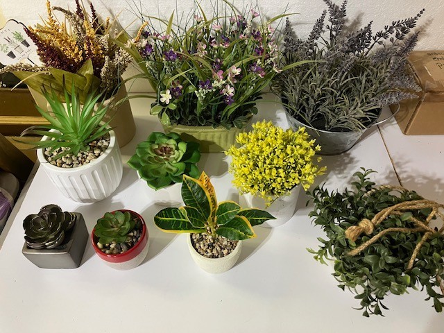 10 Artificial flowers in pots, 1 hanging 2″ to 10″ variety