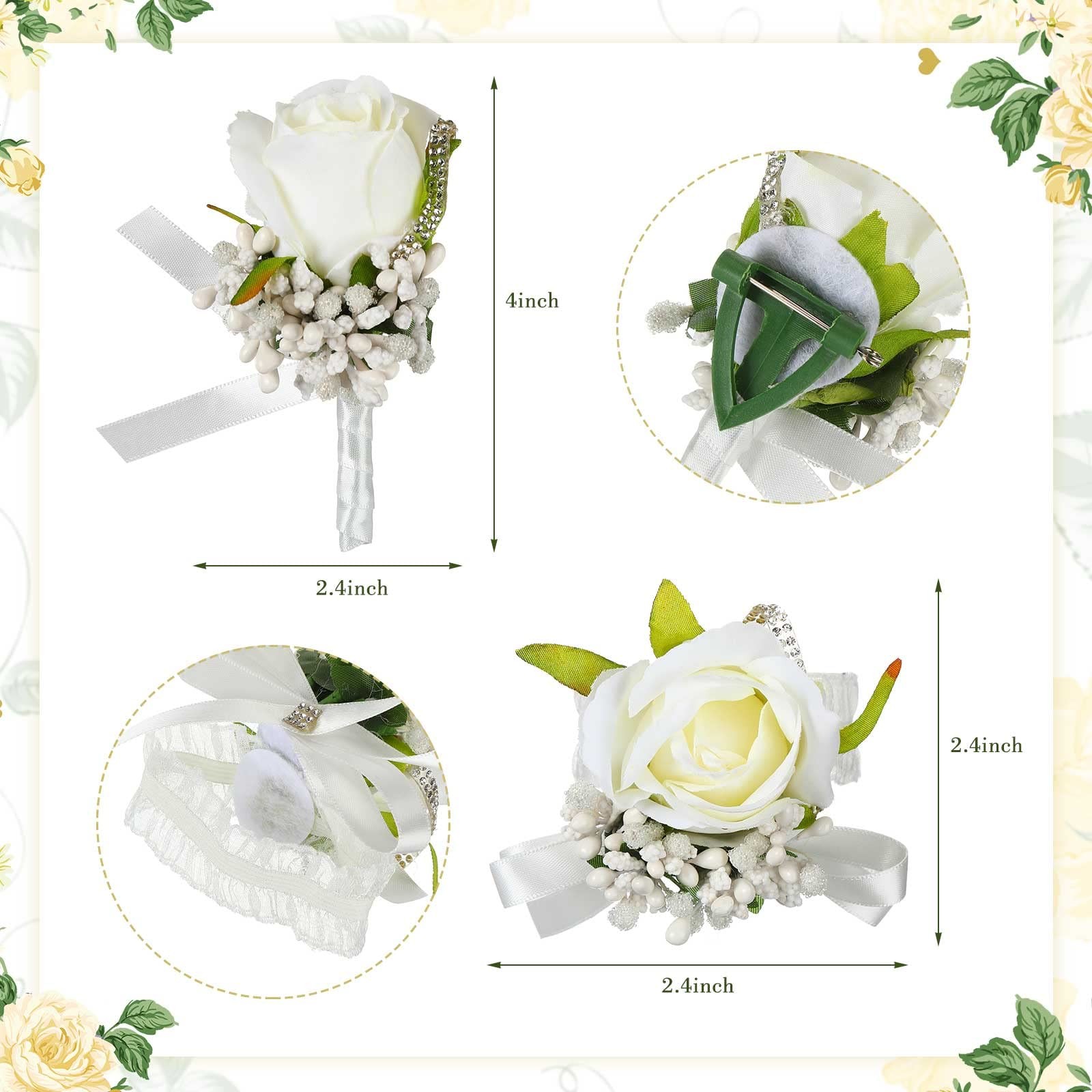 12 Pcs White Rose Corsage, Boutonniere Set, 6 Wristlet, 6 Mens, Wedding