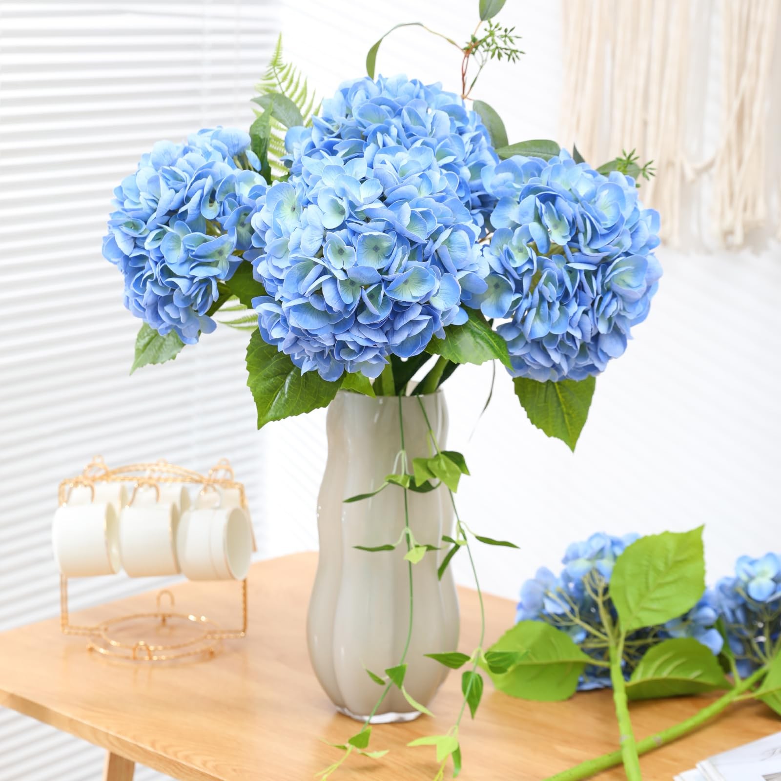 4Pcs Blue Hydrangea Artificial Flowers, 22.5In Latex Faux Real Touch Large Hy…