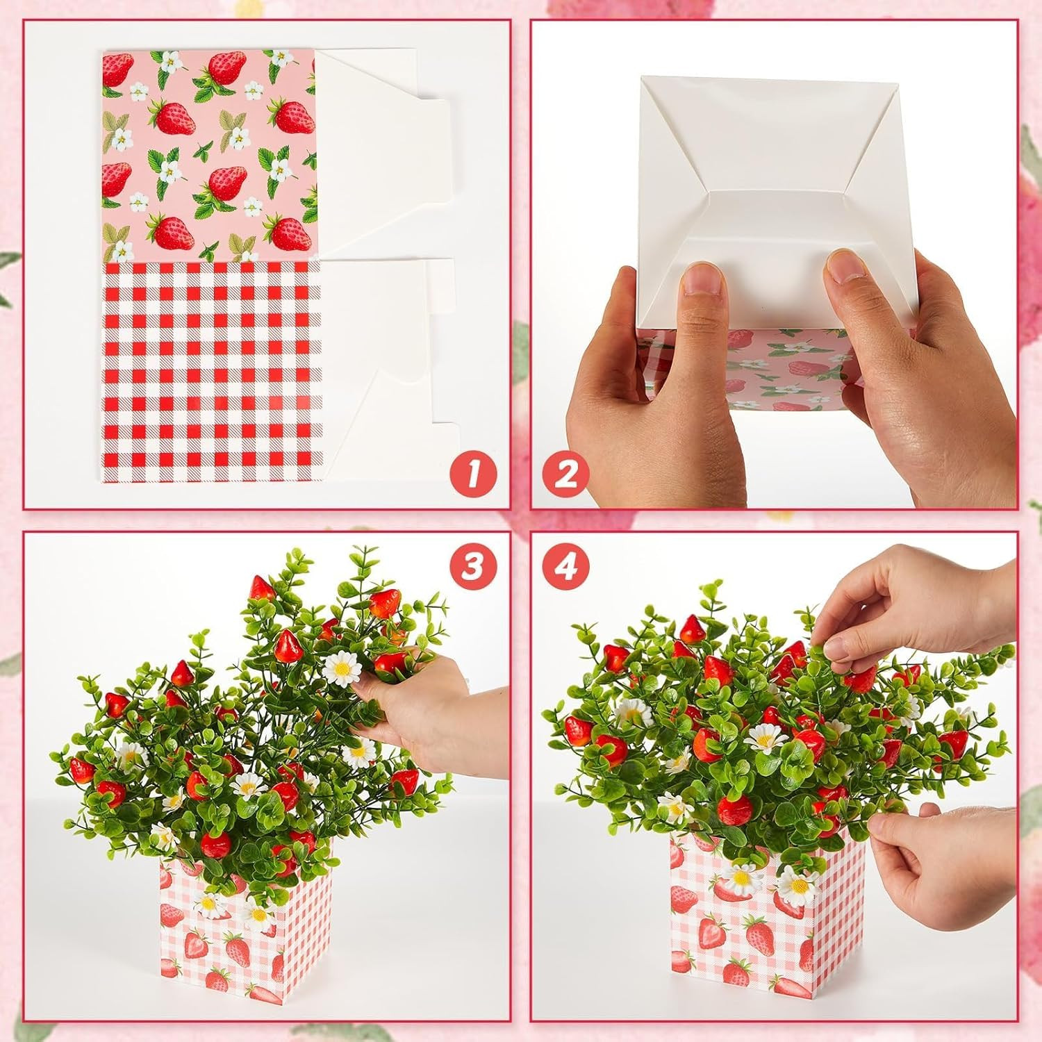 Summer Strawberry Centerpiece Decor – 4 Sets of Artificial Plants & Box