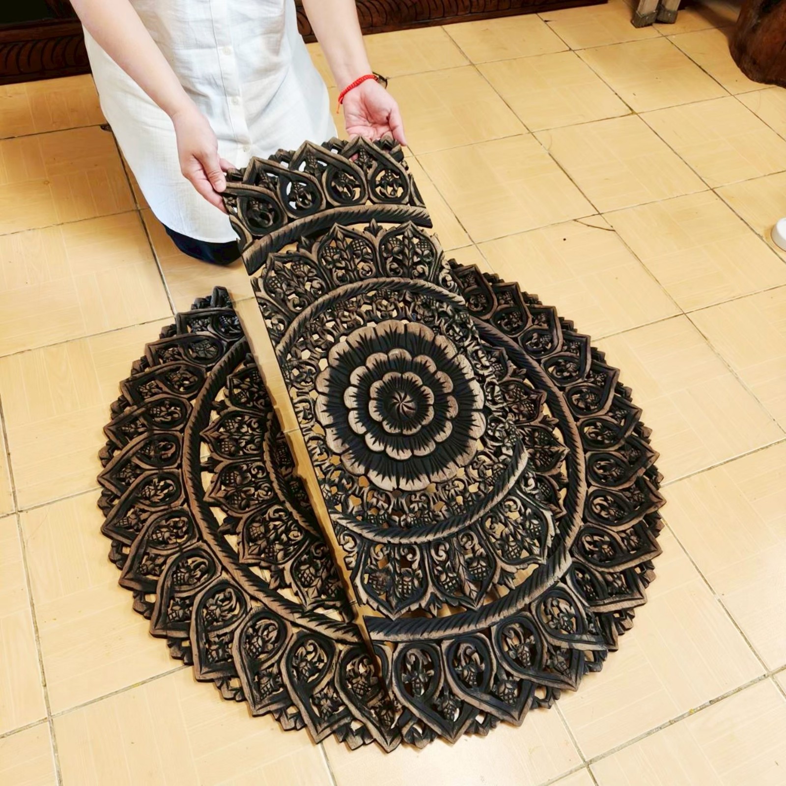 Round Floral Mandala Wood Carving Panel Black 90 cm, 3-Piece Set #B