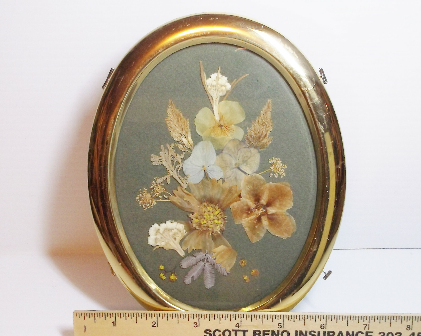 Vintage Oval Framed Pressed Dried Flower Arrangement 7 1/2″ x 6″ Free Standing