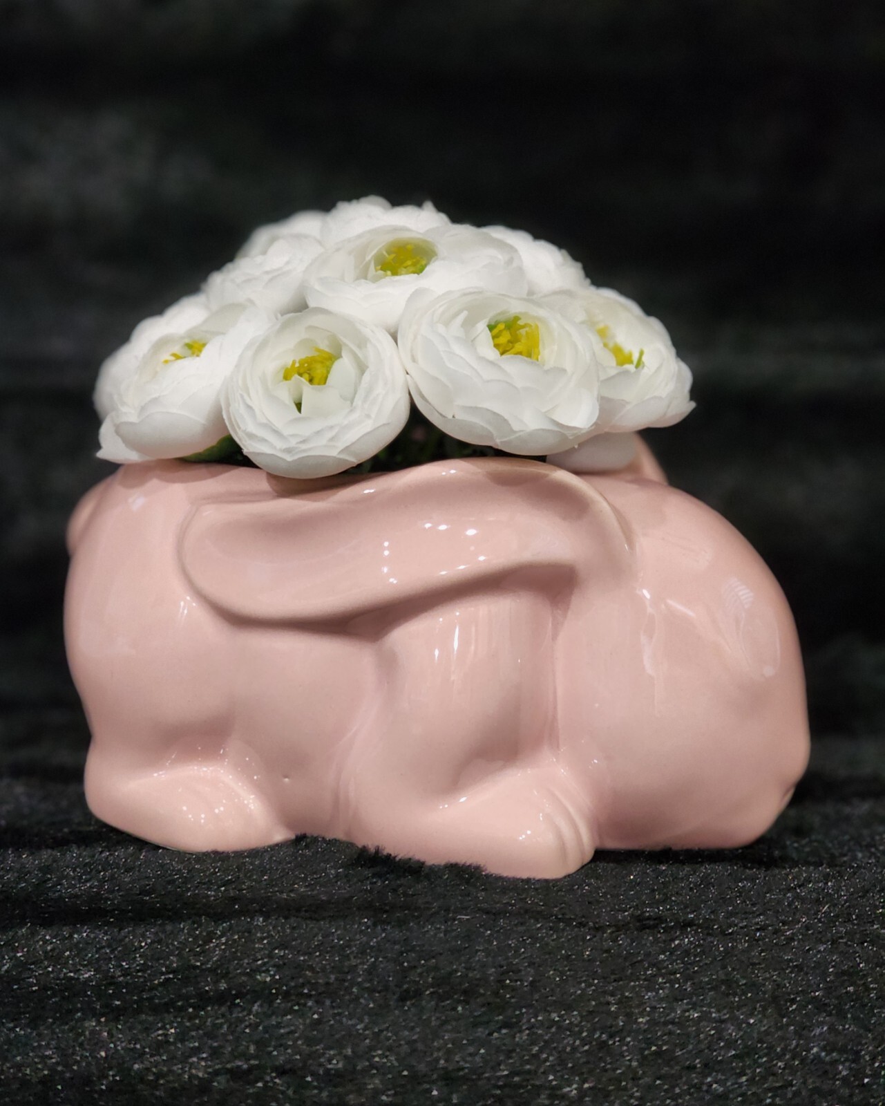 White Silk Floral Arrangement in Pink Ceramic Bunny Planter 7″ Decor Easter Baby