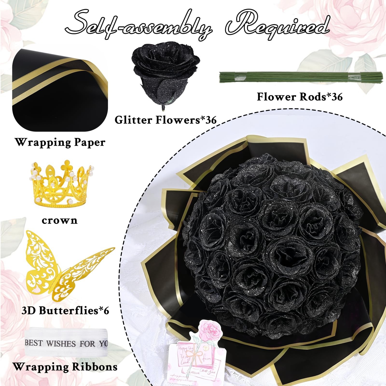 Glitter Black Roses Bouquet – 36 Pcs DIY Fake Flowers for Birthdays, Anniversari