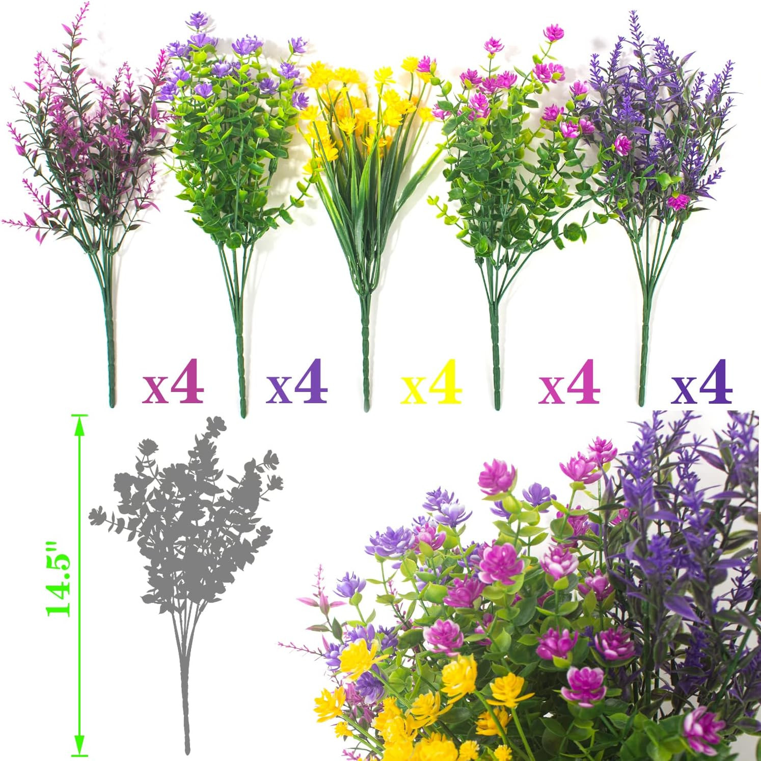 20 Bundles UV Resistant Artificial Flowers for Garden & Home Décor