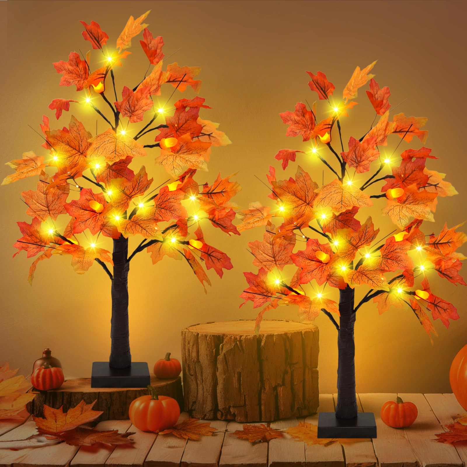 2 PCS 24 Lighted Artificial Fall Maple Tree 48 LED Pine Cones Timer