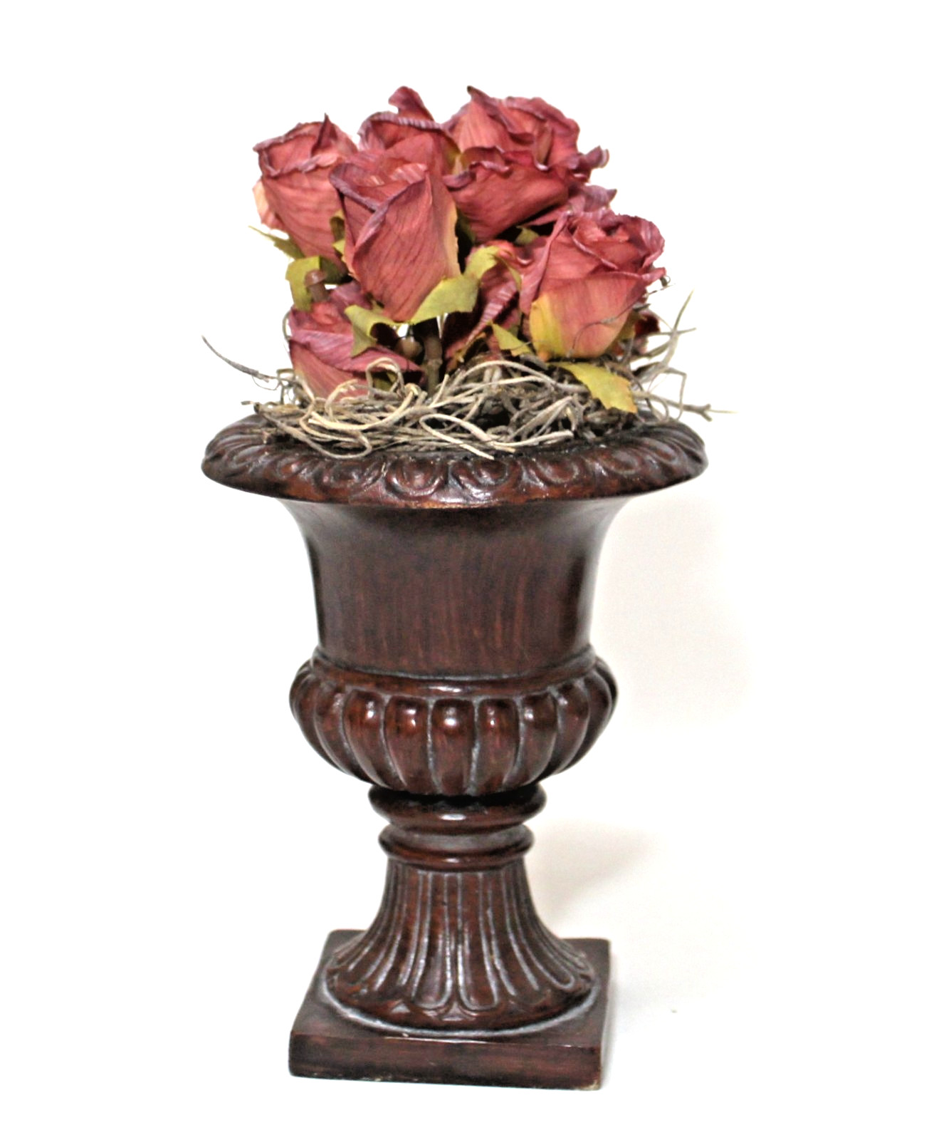 Vintage Urn Planter Brown Vase with Pink Roses Flower Arrangement