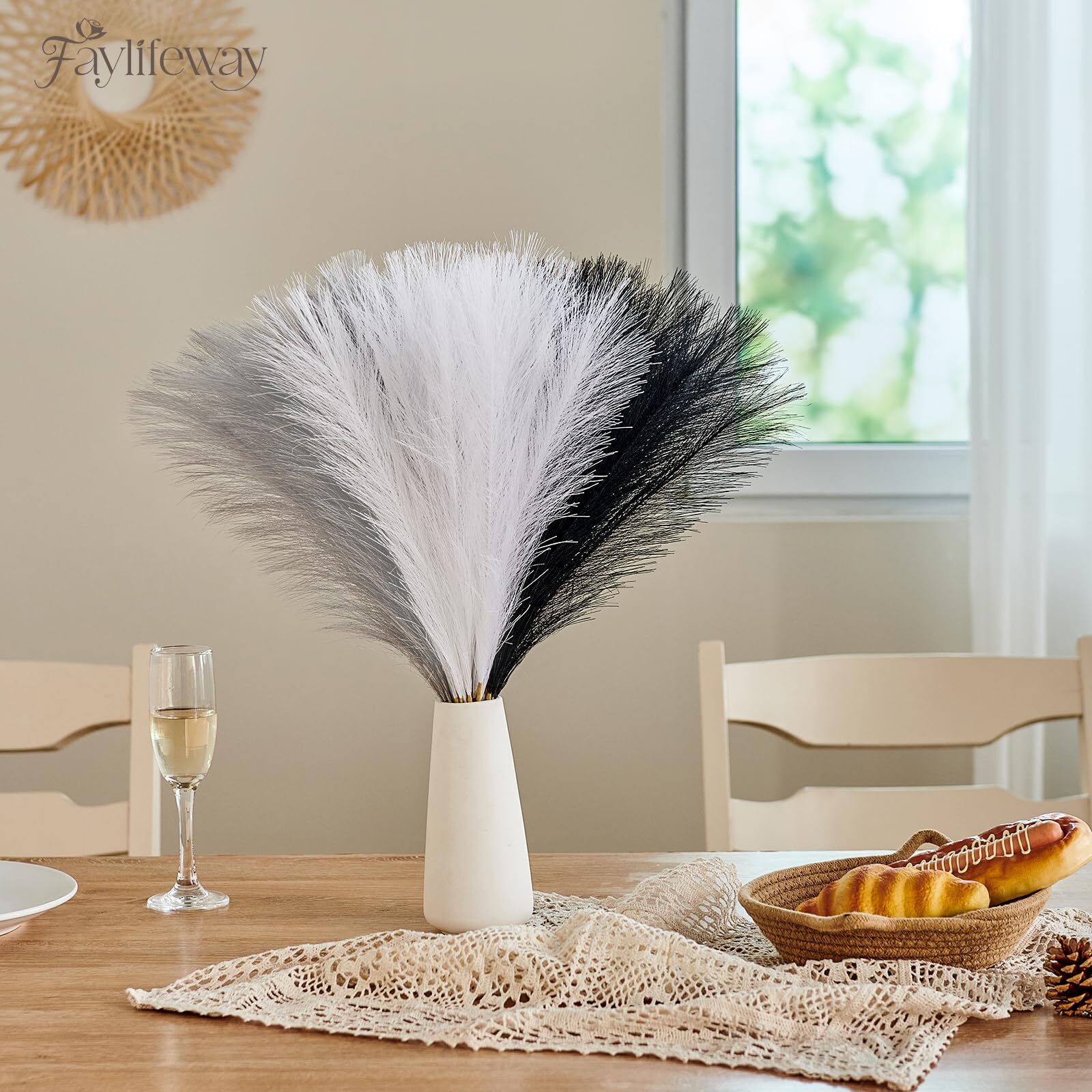 50pcs Pampas Grass 17in Black and White Pampas Grass Artificial Fluffy Vase F…