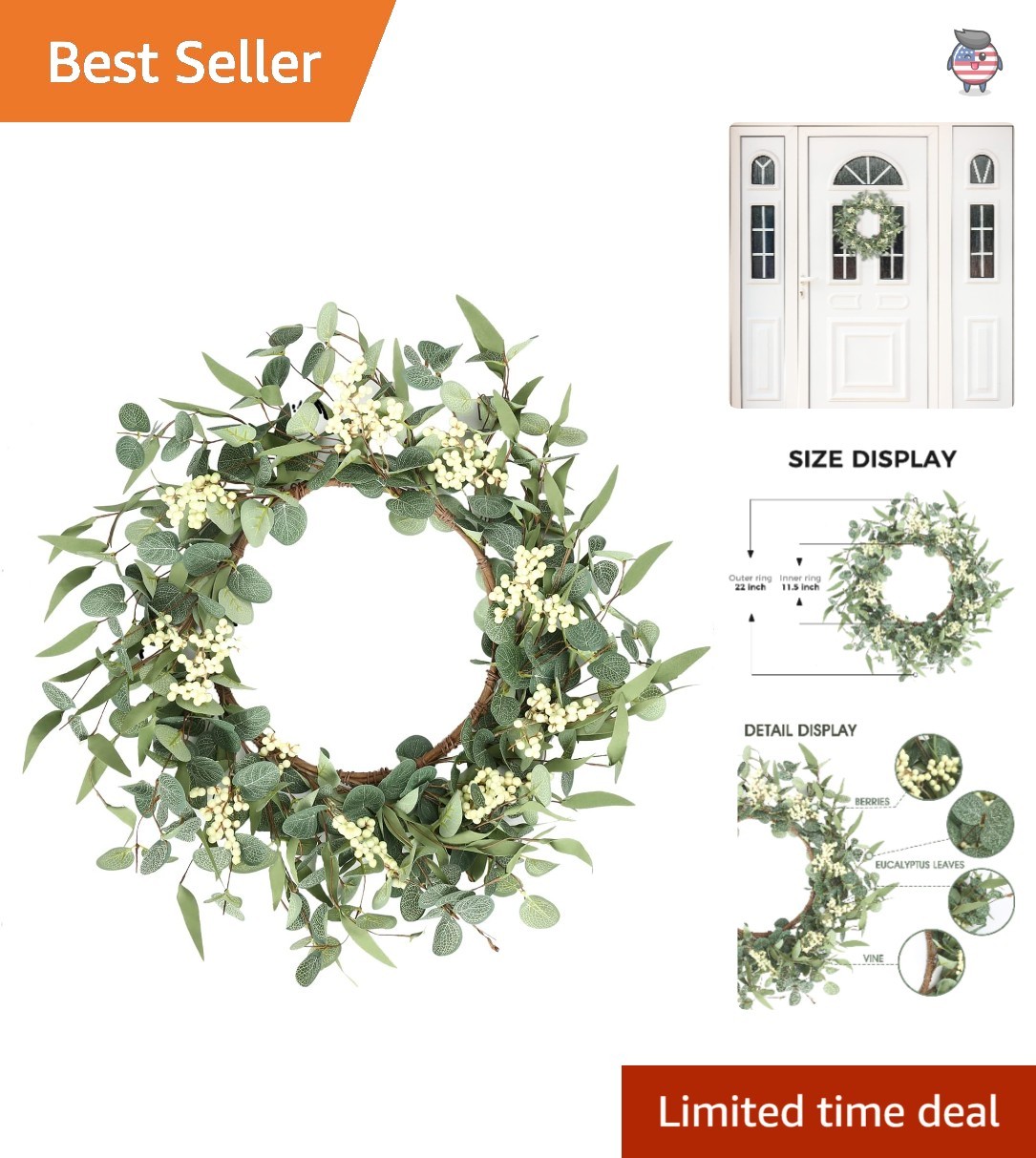Elegant 22-Inch Artificial Eucalyptus Wreath with White Berries – All Seasons