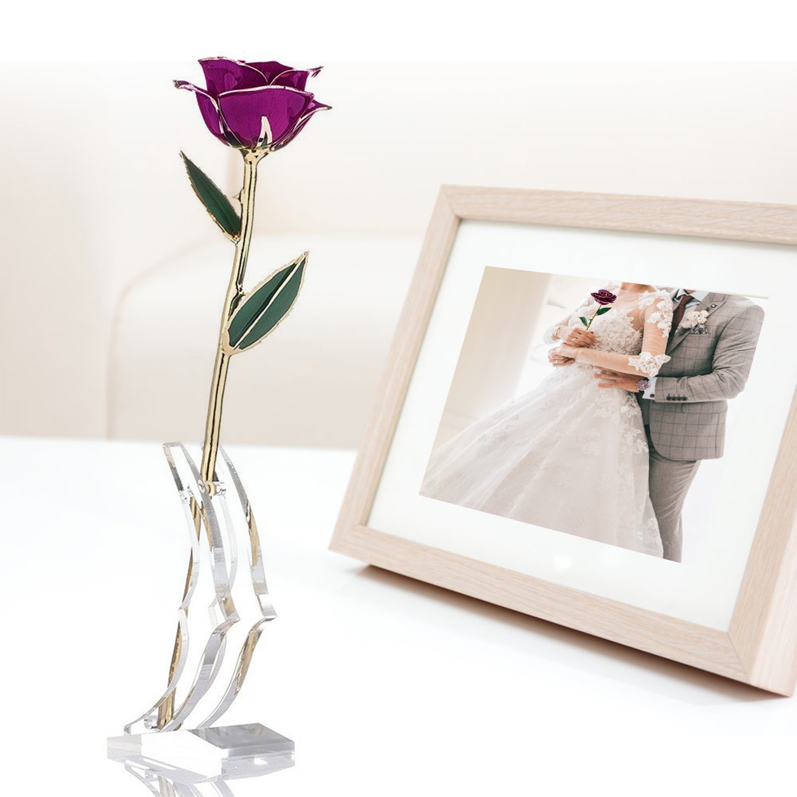 Real Purple Rose 24K Gold Dipped Preserved Flower Gifts With Stand For