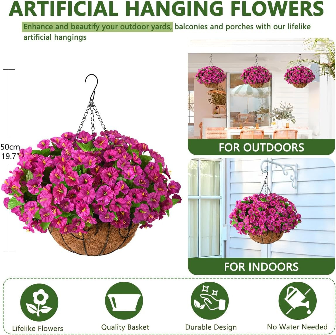 Artificial Hanging Flowers Plants with Basket for Outdoors – Fake Petunias Fl…