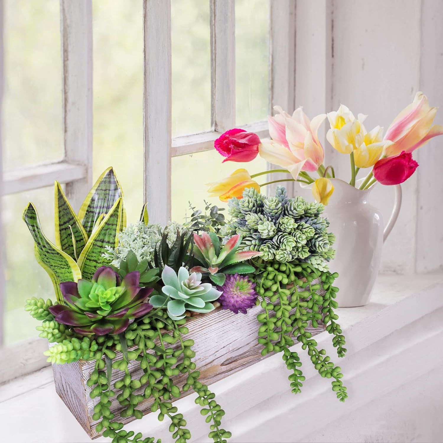 14 Pcs Assorted Artificial Succulents in Wooden Pots for Home Decor