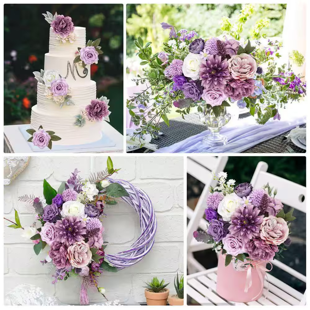 10 In. Artificial Purple Flowers Combo Silk Peony Rose Hydrangea for DIY Wedding