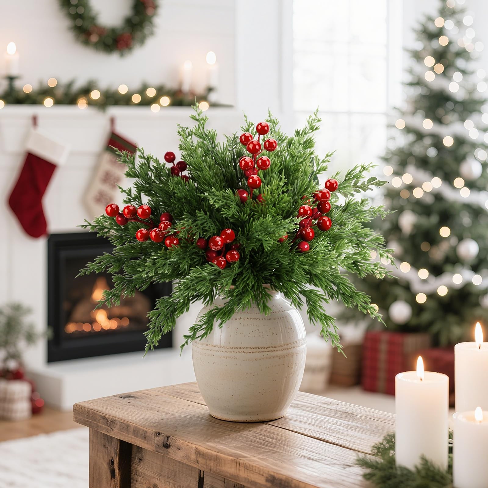 45 PCS Artificial Norfolk Pine Stems with Red Berries Decor, Christmas Greene…