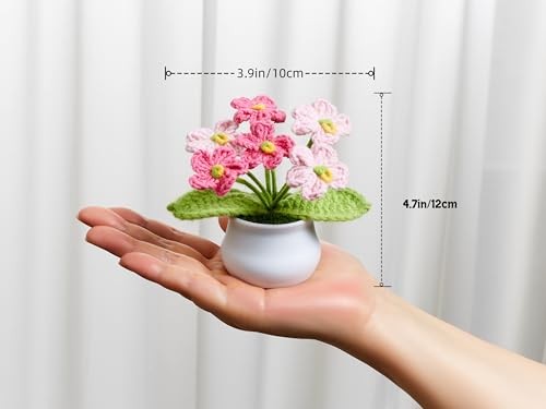 Crochet Flowers Pink Handmade Knitted Potted Flower Plants for Gradient Pink